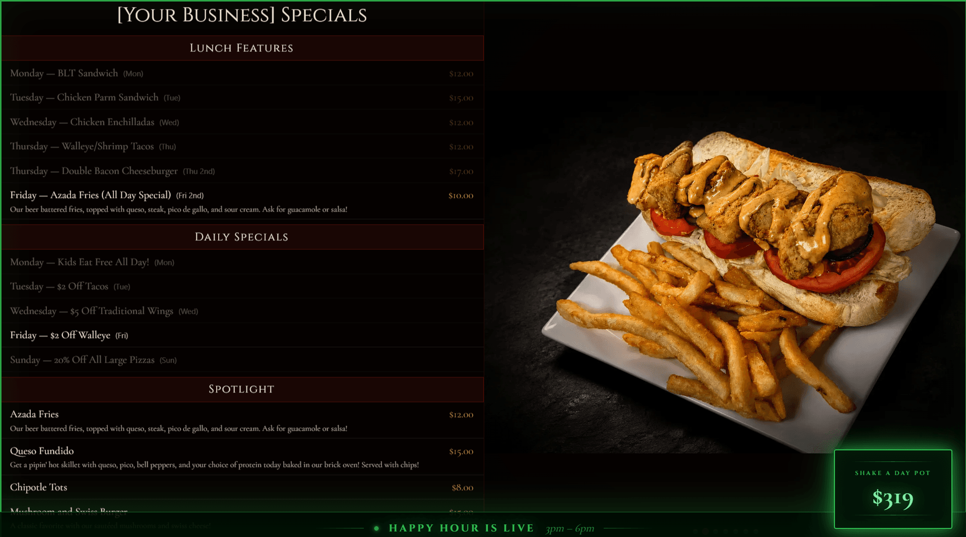 A finished NyteBoard menu on a TV — specials, a big food photo, and a live happy-hour banner