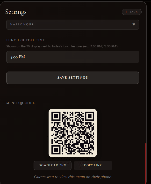 Settings panel with a menu QR code guests can scan to view the menu on their phone